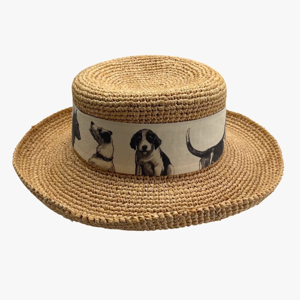 Mary Lake Thompson Straw Boater Hat Vintage Cream Dog Print Band Size Medium